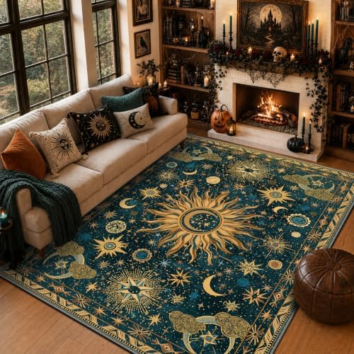Vacuum-Friendly, 8x10 Washable Area Rug, Dark Blue Gold Gray by meejou