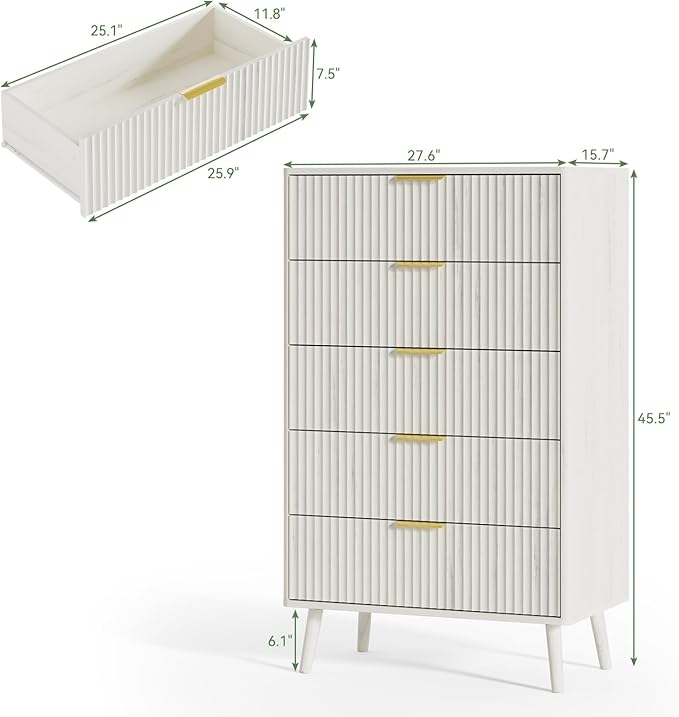 LYNSOM Fluted Dresser and Nightstand Sets 3 Piece, 5-Drawers Dresser and 1-Drawer Nightstands Set of 2, Wood Bedroom Furniture Set for Home, Bedroom, Hallway, White
