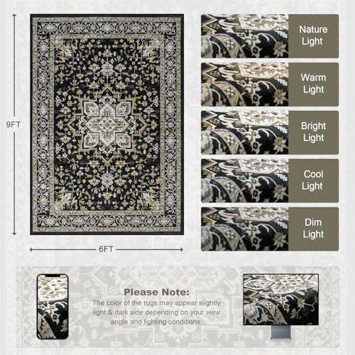 6x9 Area Rugs Living Room: Washable Rug for Bedroom Black Gold - Image 2
