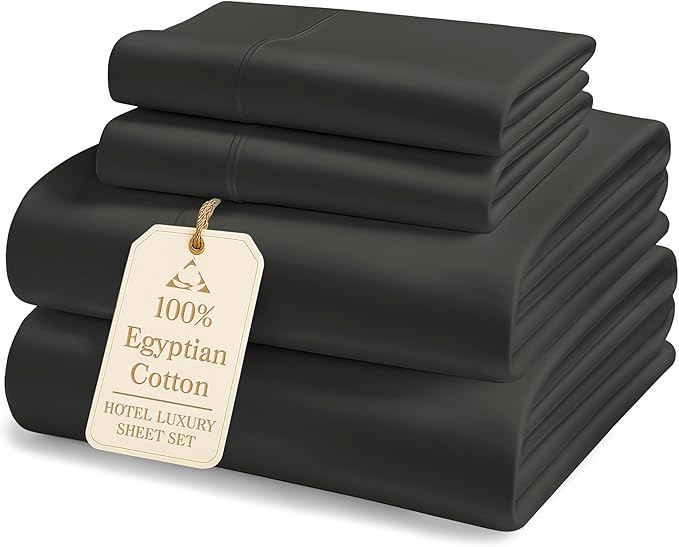 100% Egyptian Cotton Sheets Queen Size Bed Set – 1000 Thread Count Naturally Cooling & Breathable Sateen Queen Sheets Set, Long-Staple Cotton for Lasting Softness, Snug Fit 15" Deep Pocket - Black