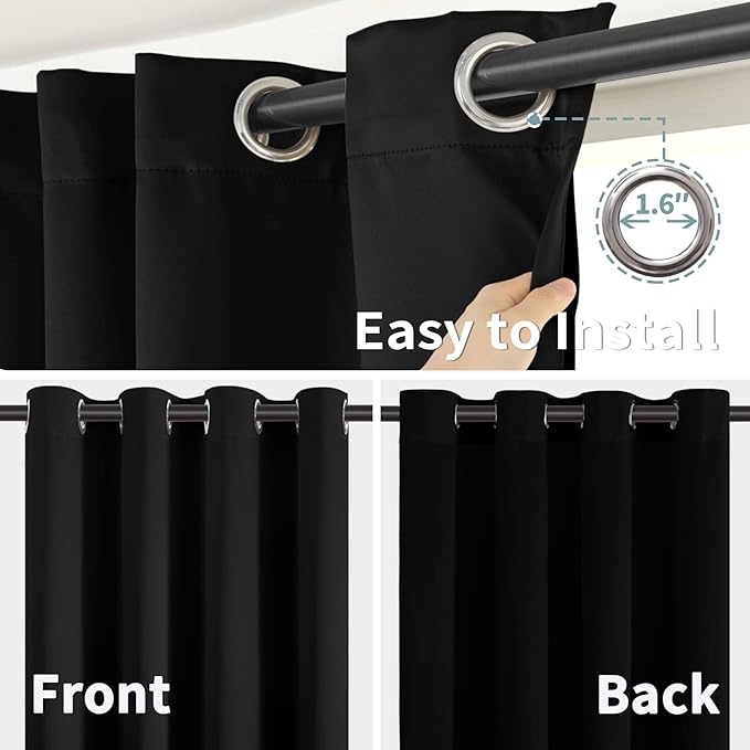 BGment Thermal Insulated 100% Blackout Curtains for Bedroom with Black Liner, Double Layer Full Room Darkening Noise Reducing Grommet Curtain (52 x 90 Inch, Black, 2 Panels)
