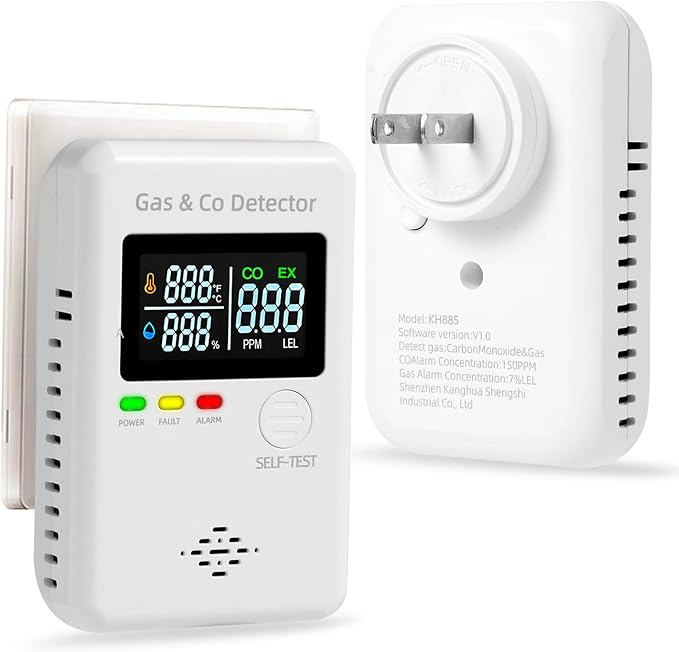 Combination Natural Gas & Carbon Monoxide Detectors,4-in-1 Real-time Display & Monitor,Low-Concentration Detect,Plug in Propane Detector & CO Alarm, for Home,Camping,RV,Apartment