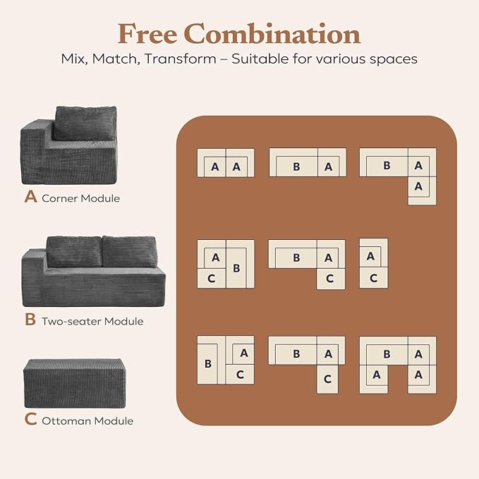 40" Modular Sectional Sofa, Upholstered Floor Sofa Couch with Pillow, Bean Bag Chair for Bedroom Living Room, No Assembly Required (Plush Corduroy Fabric, Grey)