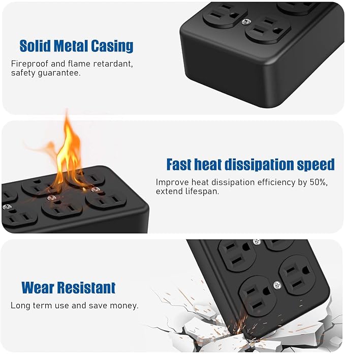 Heavy Duty Power Strip with USB,8 Outlet Workshop Metal Power Strip,PD20W USB C 15A 1200 Joules Surge Protection,Wide Spaced,6FT Cord