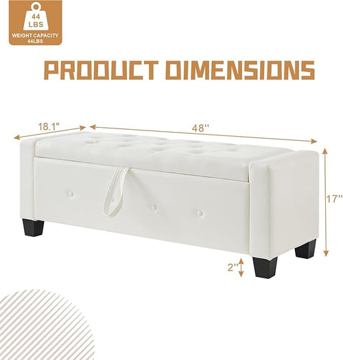 48” Storage Ottoman Bench, Upholstered Button-Tufted End of Bed Bench with Soft-Close Hinge & Solid Wood Legs, Foot Rest for Living Room, Bedroom, Hallway (Faux Leather, White)