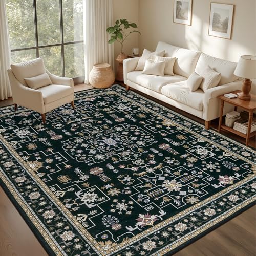 6x9 Area Rugs Living Room: Washable Vintage Rug for Bedroom Black by EXPEDIX
