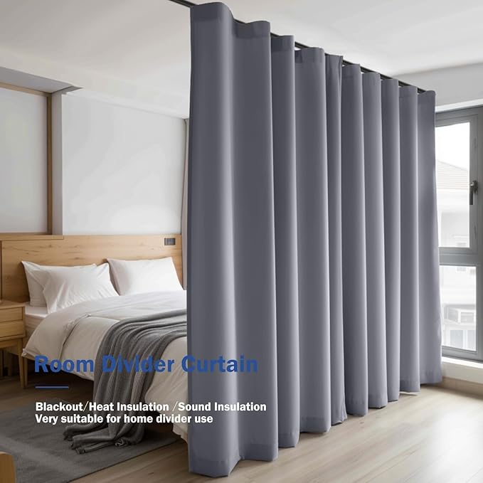 Room Divider Blackout Curtain Track Curtains Wall Dividers Panels Screen for Living Rooms Bedroom Office Privacy Partition Separation, W120 × L120 Inch,1 Panel, Light Grey