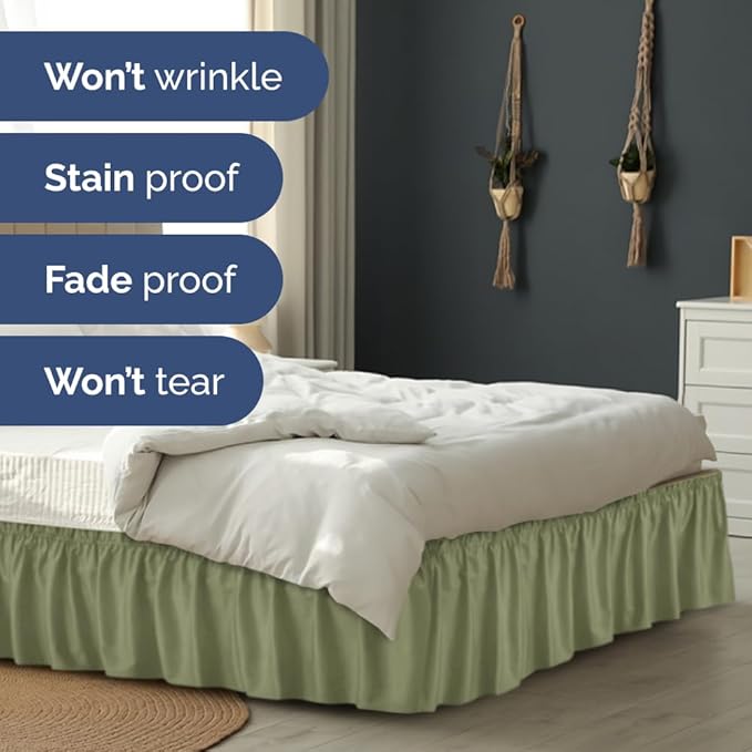 Wrap Around Dust Ruffle Bed Skirt - Sage Green - for Queen Size Beds w/ 16 Inch Drop - Easy Fit Elastic Strap - Adjustable Pleated Bedskirt with Brushed Fabric, Wrinkle Free Women, Men, Kids and Teens