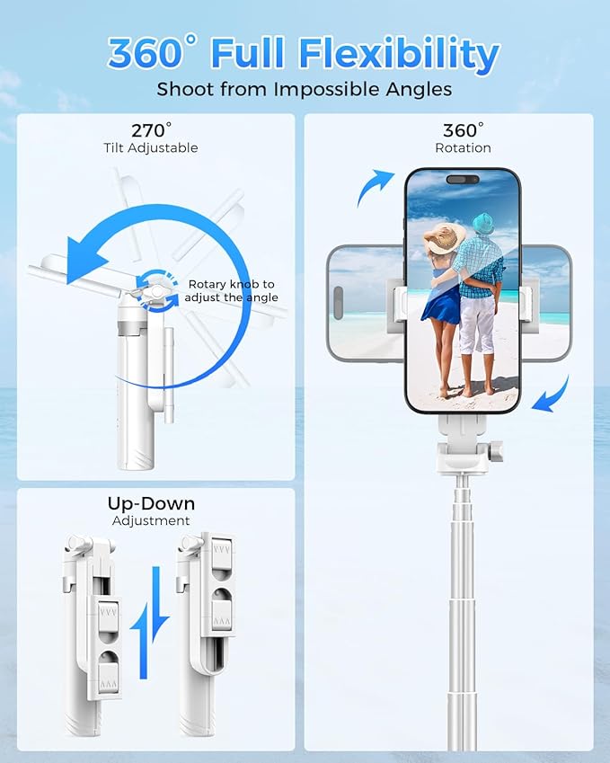 Kinwald 3-in-1 Phone Tripod with LED Lights & Remote, Extendable Selfie Stick Tripod Stand, Compact Portable with Bluetooth Remote for iPhone/Android Vlogging & Photography (White)