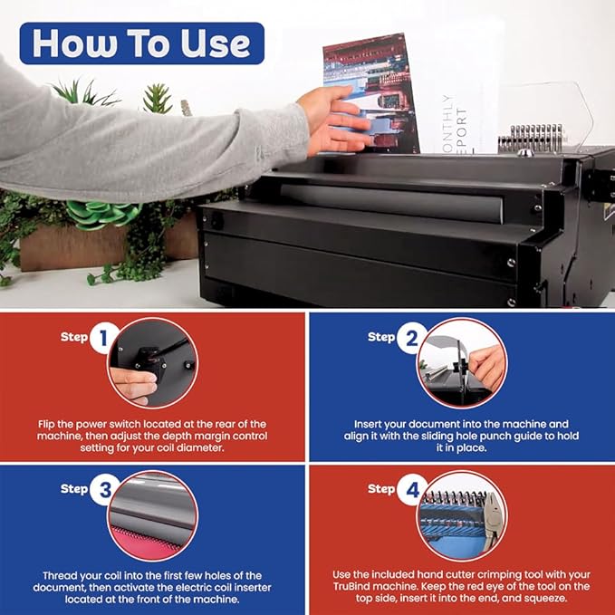 TruBind Heavy Duty Coil Binding Machine with Electric Punch & Coil Inserter and Foot Pedal | 25 Sheet Punch Capacity | Bind up to 500 Sheets | 46 Fully Disengageable Dies | 4:1 Pitch | 1-Year Warranty