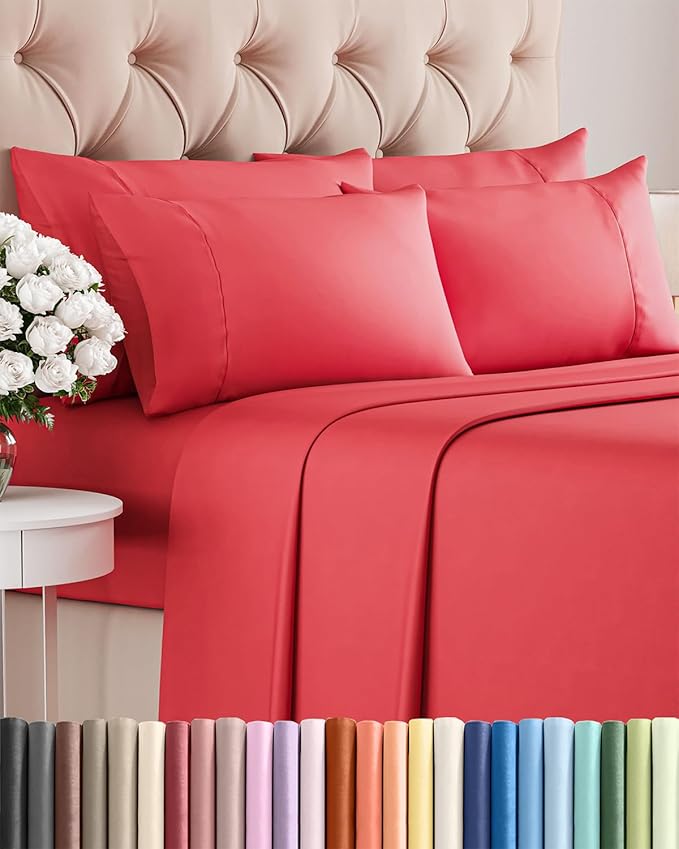 Cal King 6 Piece Sheet Set - Cooling, Comfy & Breathable - Hotel Luxury Bedding, Includes Fitted Sheet for Women, Men, Kids and Teens - 1 Flat, 1 Fitted Sheet, 4 Pillowcases with Deep Pockets - Red