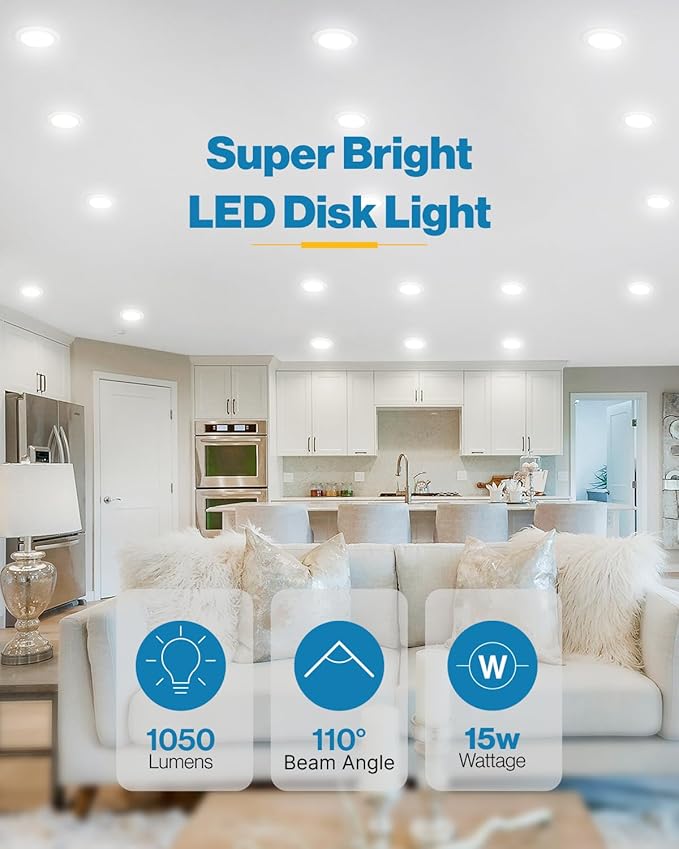 Sunco LED Disc Lights Ceiling 6 Inch, Flush Mount Disk Light, Recessed Can Lighting, 1050 LM, 15W (75W Equivalent), 5000K Daylight, Dimmable, Damp Rated ETL 4 Pack.