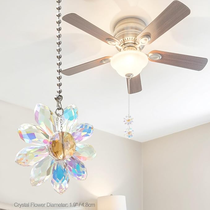 LEFERS Ceiling Fan Pull Chain, 2 Pieces 1.8" Crystal Glass Flower Pendants with 24" Ceiling Fan Chain Extender and Connector (Crystal AB)