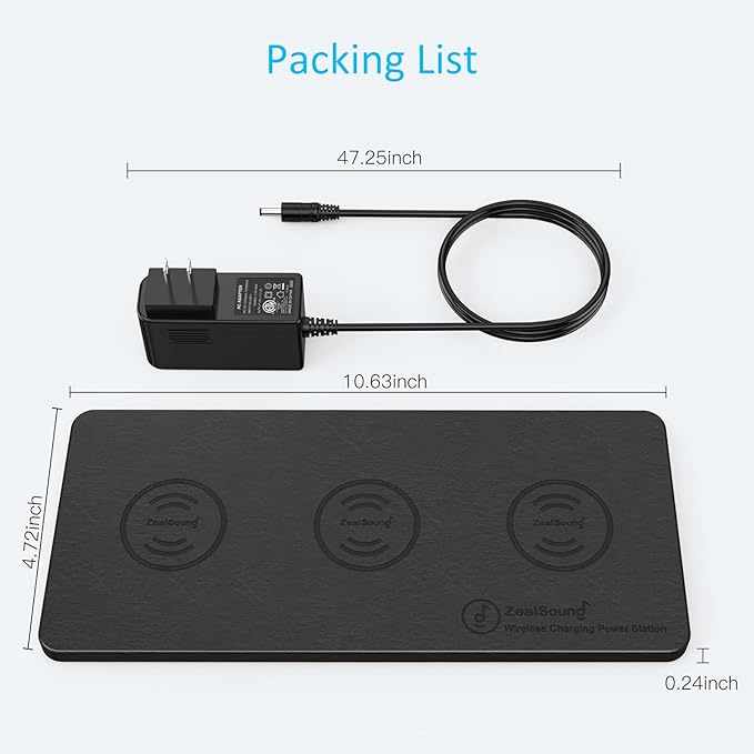 Wireless Charging Pad, ZealSound Ultra-Slim Triple Charger Station for Multiple 3 Devices & New Airpods Ultra Slim PU Leather Wireless Charging Mat W/AC Adapter for Smartphone Phone (Black)