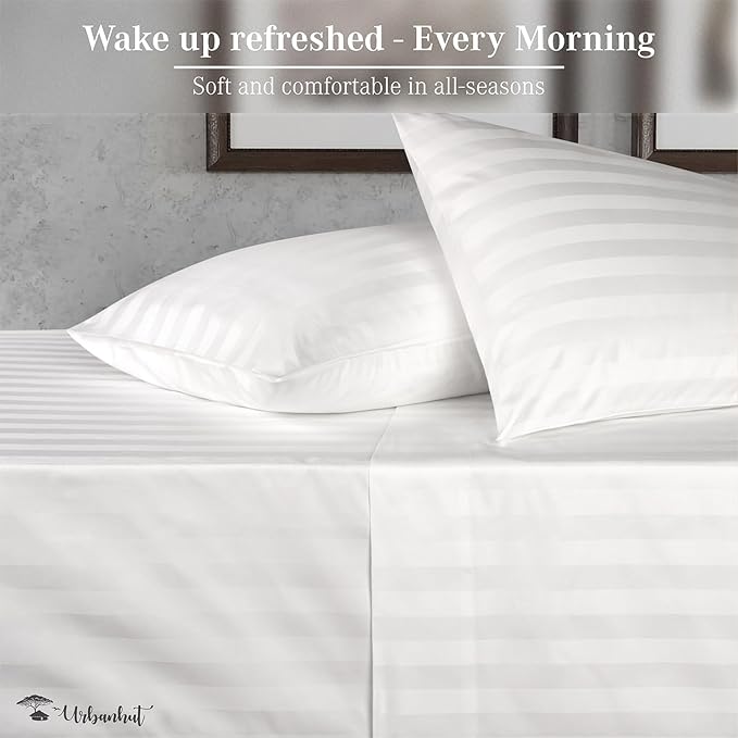 URBANHUT 800 Thread Count 100% Cotton Damask Full Size Sheets, 4 Piece Striped Full Size Bedsheets, Luxury Hotel Sheets Sateen Weave - Better Than Egyptian, 16" Elasticized Deep Pocket- White