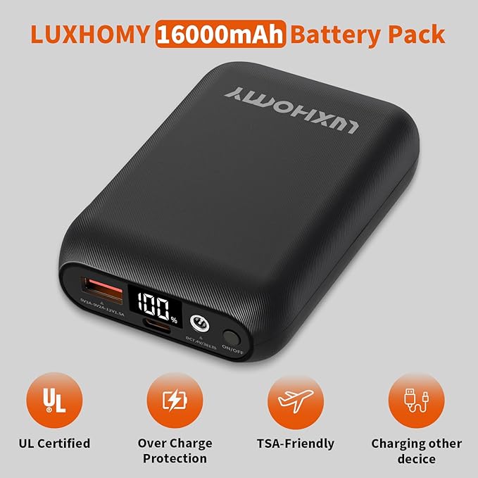 Heated Vest Battery Pack, 16000mAh 7.4V Compact Power Bank Repaclement for Heated Jacket Heated Hoodie Heated Pants Heated Chair Heated Outdoor Gear