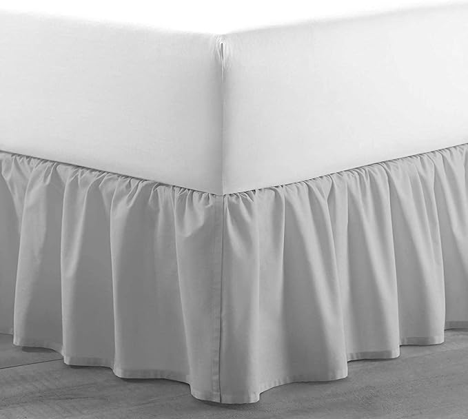 Light Grey Solid Ruffled Bed Skirt King-22 Inch Drop Split Corner, Microfiber Bedskirt with Platform Three Sided Coverage