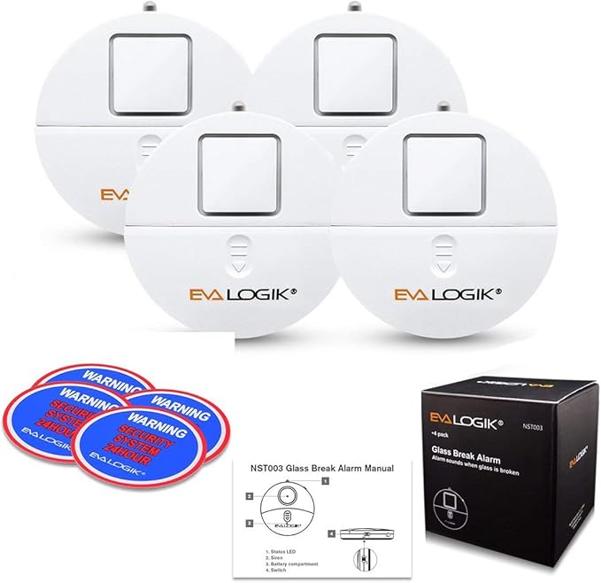 EVA LOGIK Modern Ultra-Thin Window Alarm with Loud 120dB Sound and Vibration Sensors Compatible with Virtually Any Window, Glass Break Alarm Perfect for Home, Office, Dorm Room- 4 Pack