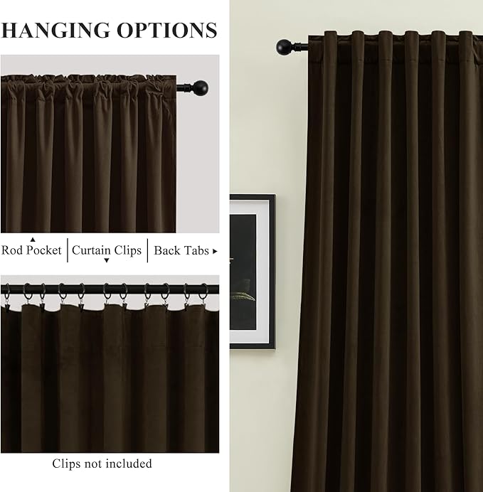 90 Inch Long Velvet Curtains for Living Room, Light Reducing Thermal Curtain Back Tab & Rod Pocket Elegant Soundproof Luxury Room Darkening Window Drapes for Bedroom, W52 x L90, Brown, 2 Pcs