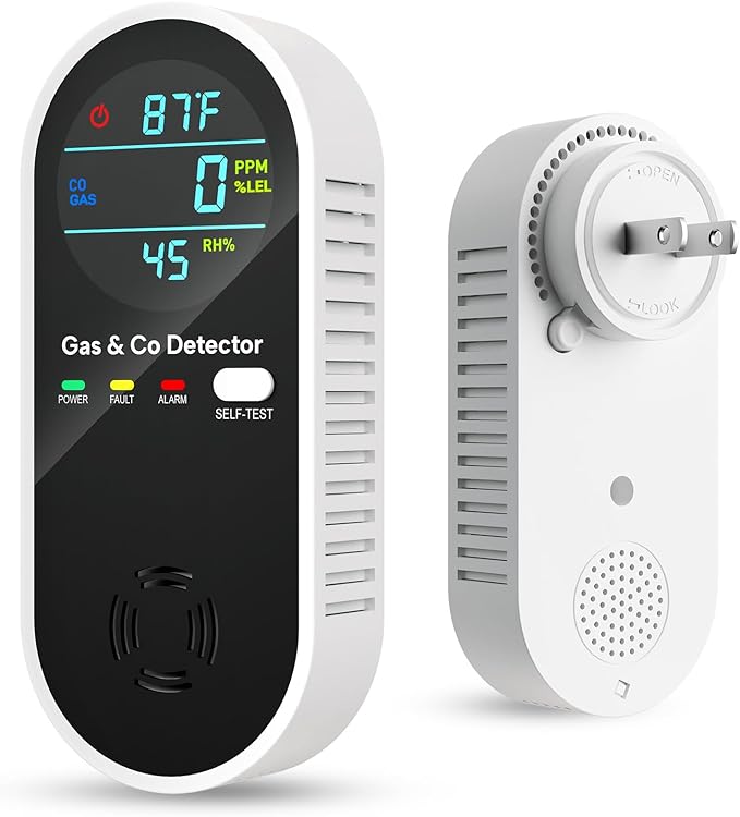 Vilfet Carbon Monoxide Detectors & Natural Gas Detector, 4-in-1 Carbon Monoxide Detectors Plug in, Gas Leak Detector with Dual Alarms, Temperature & Humidity Sensor for Home, RV, Black, 1 Pack