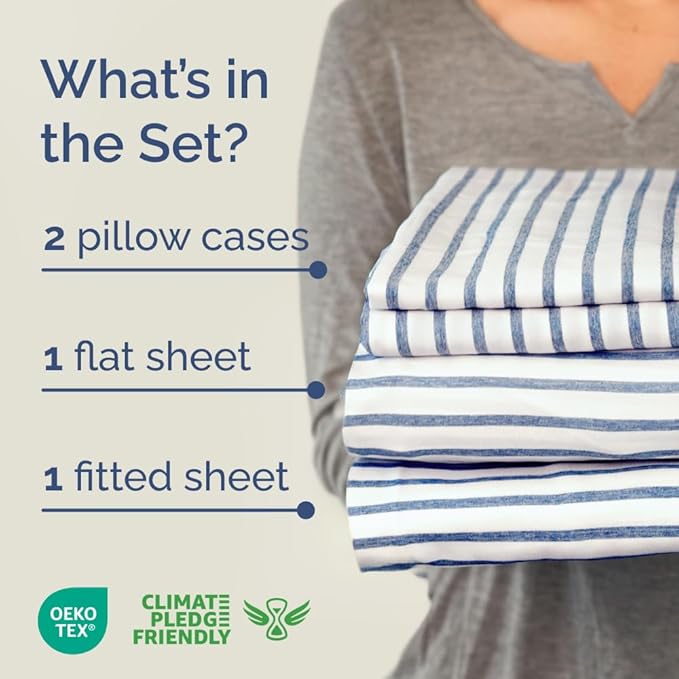 Full XL Bed Sheet Set - 4 Piece Extra Long Extended Full XL Sheets - Soft, Breathable & Cooling - Fits 8" to 16" Mattress with Deep Pockets - 54" x 80" - Wrinkle and Fade Resistant - Blue Stripes 2