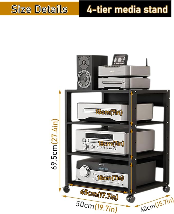 Dernoing 4 Tier Audio Rack Tower, CD Record Player Stereo Receiver AV Equipment Cabinet Display Rack, Weight Capacity 661 lbs, with Adjustable Wooden Shelves for Home (4 Tier Black)