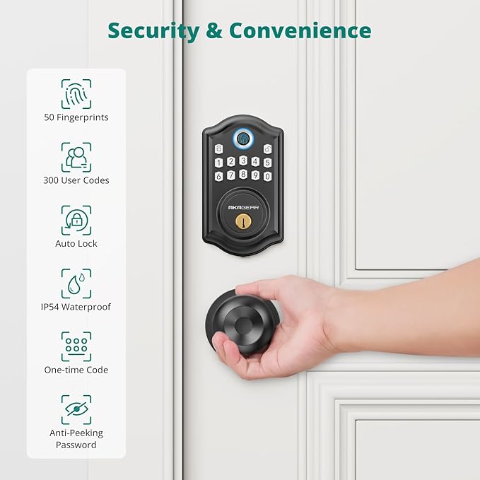 AkaGear DS10 Keyless Entry Door Lock with Door Knob, Fingerprint Door Lock, Electronic Keypad Deadbolt, Smart Door Lock, Smart Locks for Front Door, Auto-Lock - Matte Black