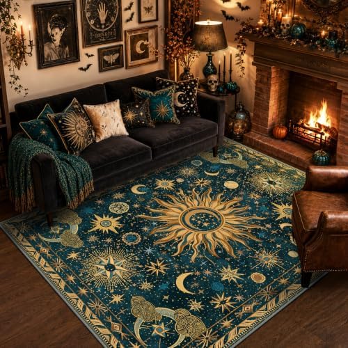 Vacuum-Friendly, 5x7 Washable Area Rug, Dark Blue Gold Gray by meejou
