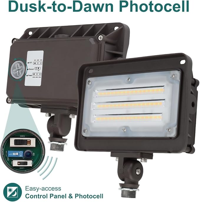 kadision LED Flood Light Outdoor, 50W/40W/30W 6500lm 3000K/4000K/5000K Selectable, Dusk-to-Dawn Photocell, IP65 Waterproof Adjustable Knuckle Mount Security Lights, 100-277V ETL Listed 1-Pack
