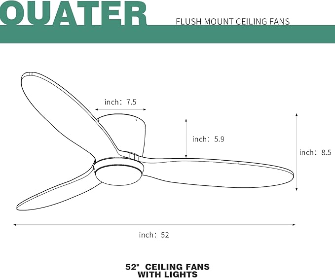 OUATER Flush Mount Ceiling Fan with Light, 52 inch Low Profile Ceiling Fans with Remote for Outdoor/Patios, 3 Color Light, 6 Speed, DC Motor, Wood and Modern Matte Black, DOE Certified
