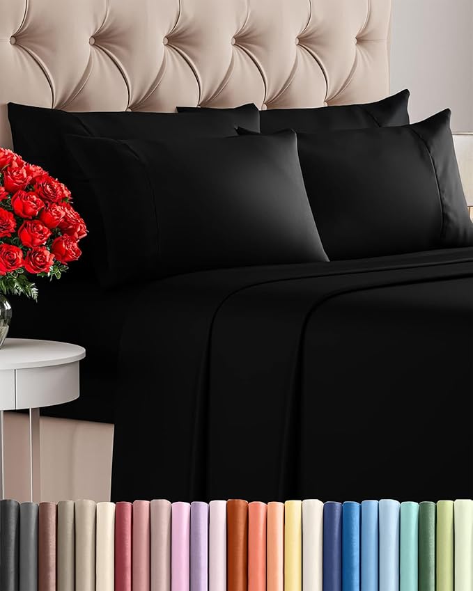 King 6 Piece Sheet Set - Cooling, Comfy & Breathable - Hotel Luxury Bedding, Includes Fitted Sheet for Women, Men, Kids and Teens - 1 Flat, 1 Fitted Sheet, 4 Pillowcases with Deep Pockets - Black