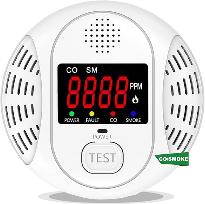 Vzmcov Carbon Monoxide and Smoke Detector Equipped with LCD Display, Battery Powered, Dual Sensor Alarm, 85dB Voice Alarm and Real-time CO Tracking, Suitable for Home/Kitchen/Bedroom/RV 1-Pack