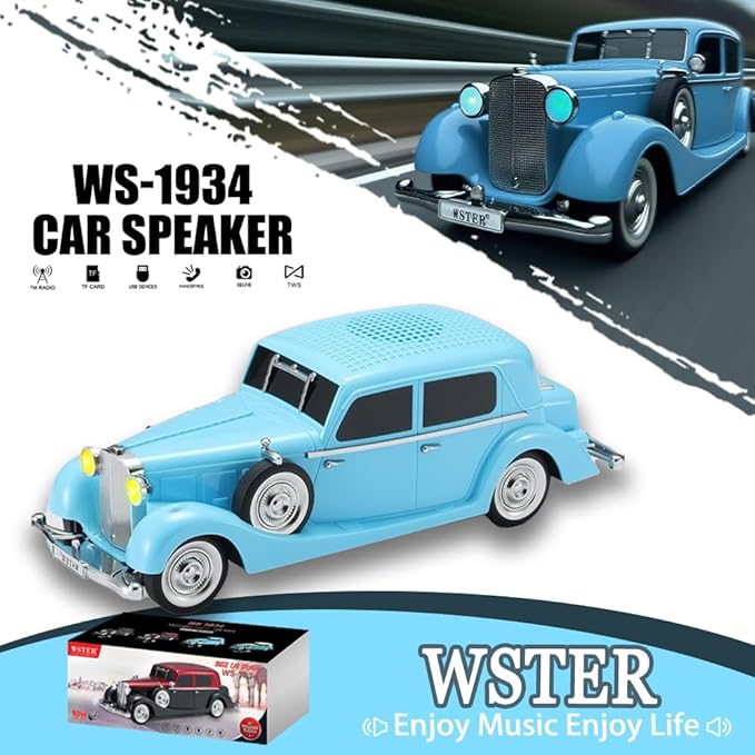 WSTER WS-1934 Retro Classic Car Bluetooth Replica Speaker – Wireless HD Sound with FM Radio,TWS Stereo,LED Party Lights,Built-in Microphone Hands-Free Call, Surprise Portable Gift for Party Use(Blue)