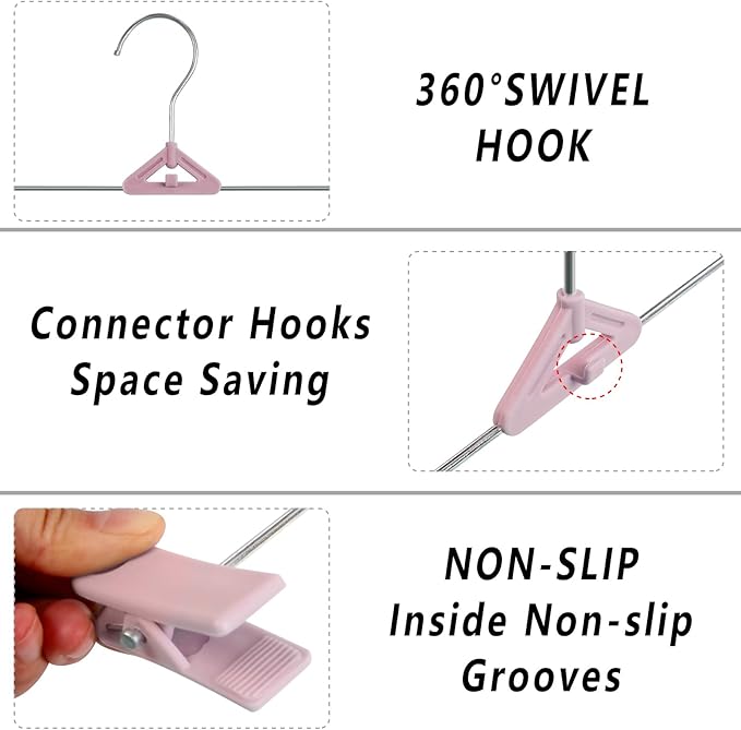 Northern Brothers 50 Pack Pants Hangers, Stackable Clothes Hangers with Clips for Skirts and Shorts, Space Saving Plastic, Pink