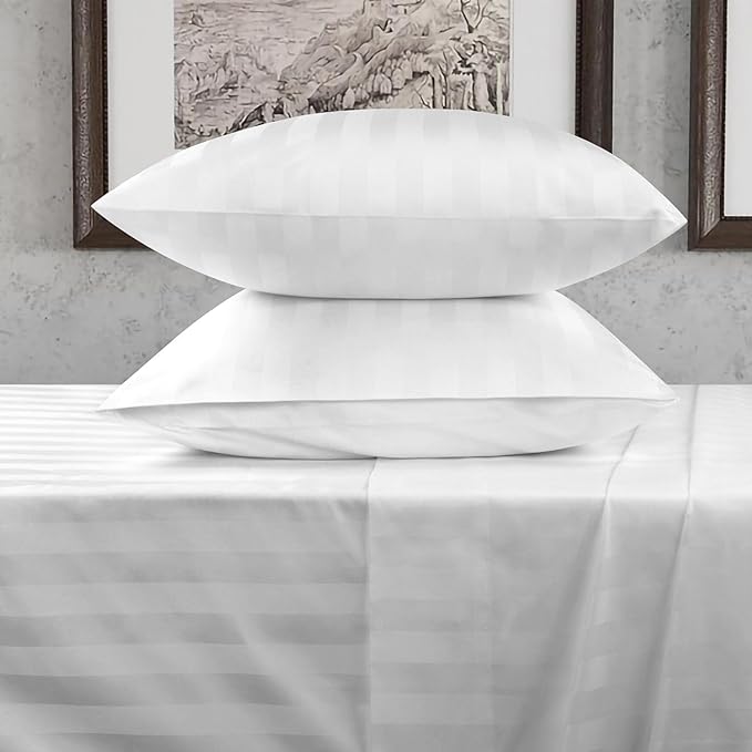 URBANHUT 800 Thread Count 100% Cotton Damask Full Size Sheets, 4 Piece Striped Full Size Bedsheets, Luxury Hotel Sheets Sateen Weave - Better Than Egyptian, 16" Elasticized Deep Pocket- White