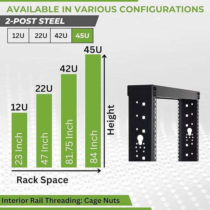 NavePoint 45U 2 Post Open Frame Server Rack for 19 Inch Equipment, AV, Networking, Data & IT Devices, 2-Post Rack 45U 881lbs Weight Capacity, Black