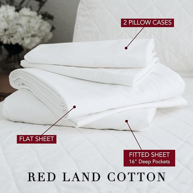 Red Land Cotton Luxury Sheet Set | 100% American Grown Cotton Basics | Premium Hotel Ultra-Soft Lightweight 4 Piece USA Made Deep Pocket Fitted, Flat Sheet, & pillowcases Percale Weave (Twin XL/White)