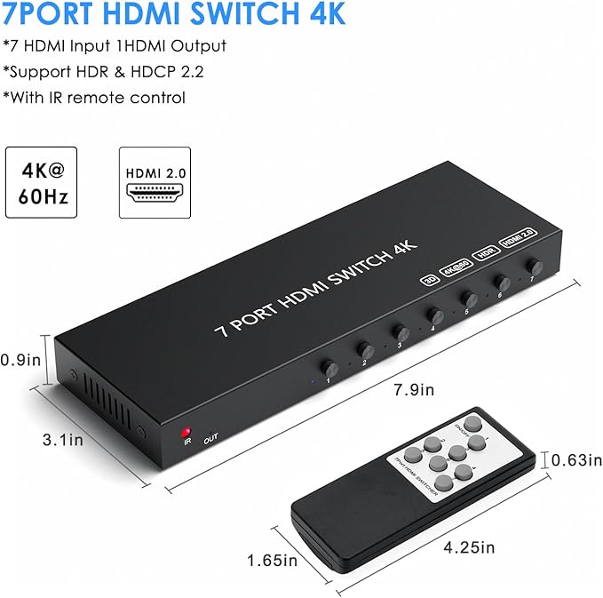 RuiPuo 7Port HDMI Switcher 4K@60Hz 5In 1Out HDMI Selector with IR Remote Supports Full HD 4K/1080P/3D & HDCP2.2 for Switch,Xbox,PS4/PS5,Fire Stick,Roku,Apple TV etc.