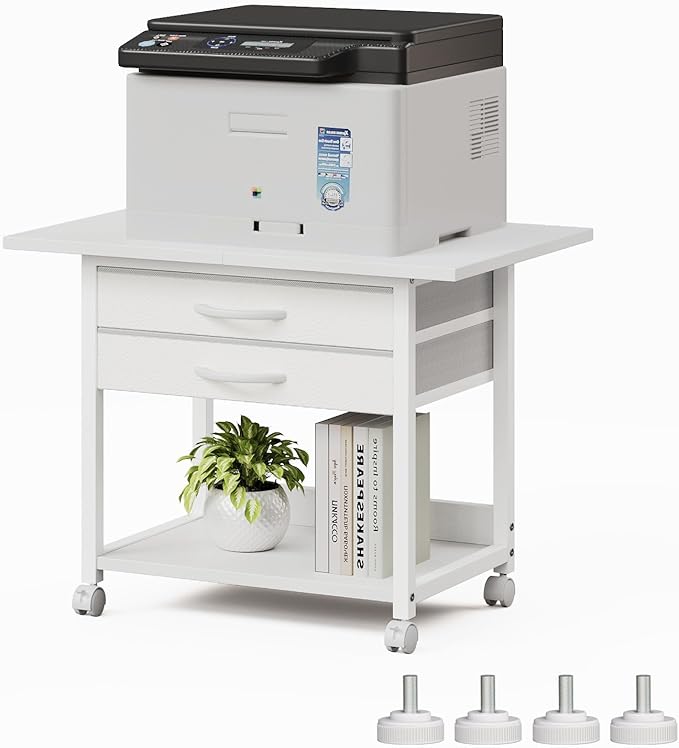 VENNQD Large Printer Stand with Storage Fabric Drawer Under Desk Printer Table with Wheels for Home Office, Printer Cart fit Fax Machine Scanner 23.4"x15.7" (White, 2 Tiers)