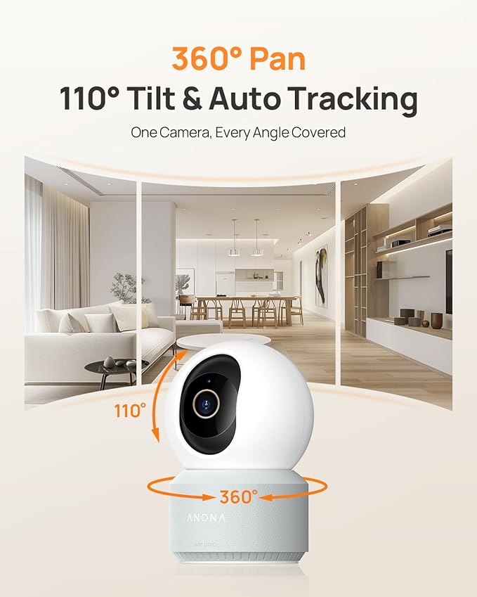 Anona 4K UHD Indoor Camera with 512GB SD Card, Pet/Dog/Baby Security Camera with Phone App, 360° Pan-Tilt, 2.4G/5G Wi-Fi 6, Auto-Tracking, Person/Pet/Baby Crying Detection, Privacy Mode, Two-Way Audio