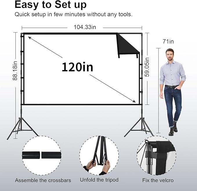 Outdoor Projector Screen with Stand, TOWOND 120 inch Portable Projector Screen Black Backing, Indoor Projection Screen 16:9 4K HD Wrinkle-Free Movie Screen with Carry Bag for Backyard Movie Night