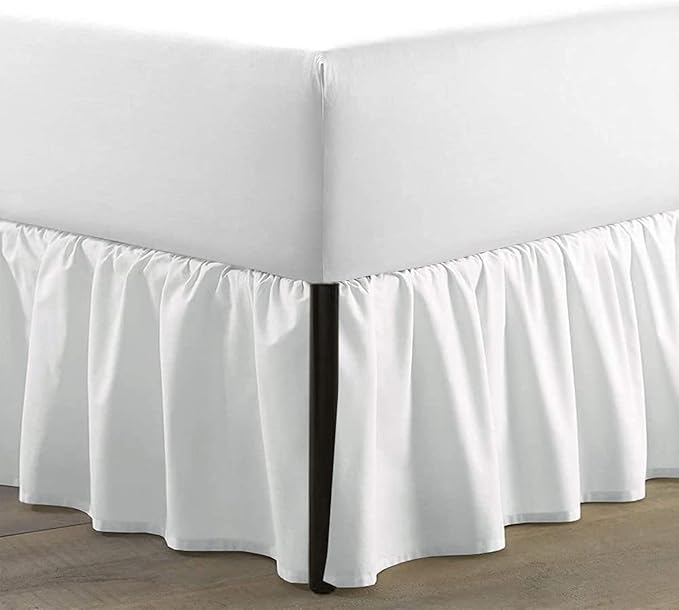 SKY BEDDINGS - King Size Ruffled Bed Skirt with Split Corners - 24 Inch Drop Dust Ruffle Bed Skirt with Platform Three Sided Coverage - 100% Microfiber, White