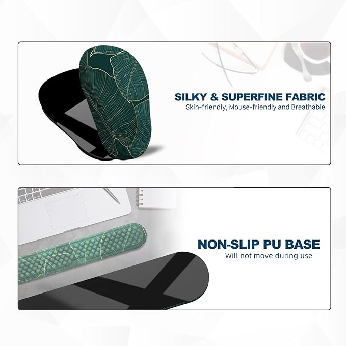 Hasinart Ergonomic Mouse Pad and Keyboard Wrist Rest with Massage Design, Space-Saving Mouse Pad Wrist Support, Memory Foam Wrist Rest with Non-Slip PU Base for Computer Desk, Green Leaves