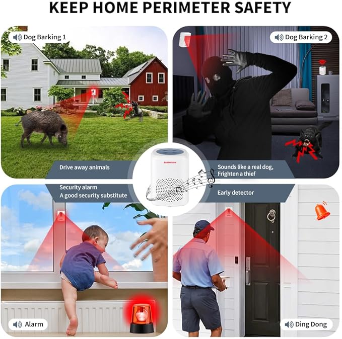 Dog Barking Alarm Motion Detector Outdoor Pir Human Body Motion Sensor Alarm Electronic Deterrent Motion Activated Home Security (2 Detectors+ 1 Receiver)