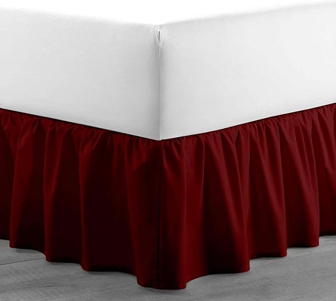 Burgundy Solid Ruffled Bed Skirt Twin-XL-10 Inch Drop Split Corner, Microfiber Bedskirt with Platform Three Sided Coverage