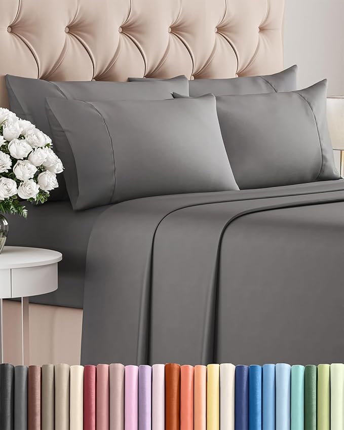 Cal King 6 Piece Sheet Set - Cooling, Comfy & Breathable - Hotel Luxury Bedding, Includes Fitted Sheet for Women, Men, Kids & Teens - 1 Flat, 1 Fitted Sheet, 4 Pillowcases w/Deep Pockets - Dark Grey