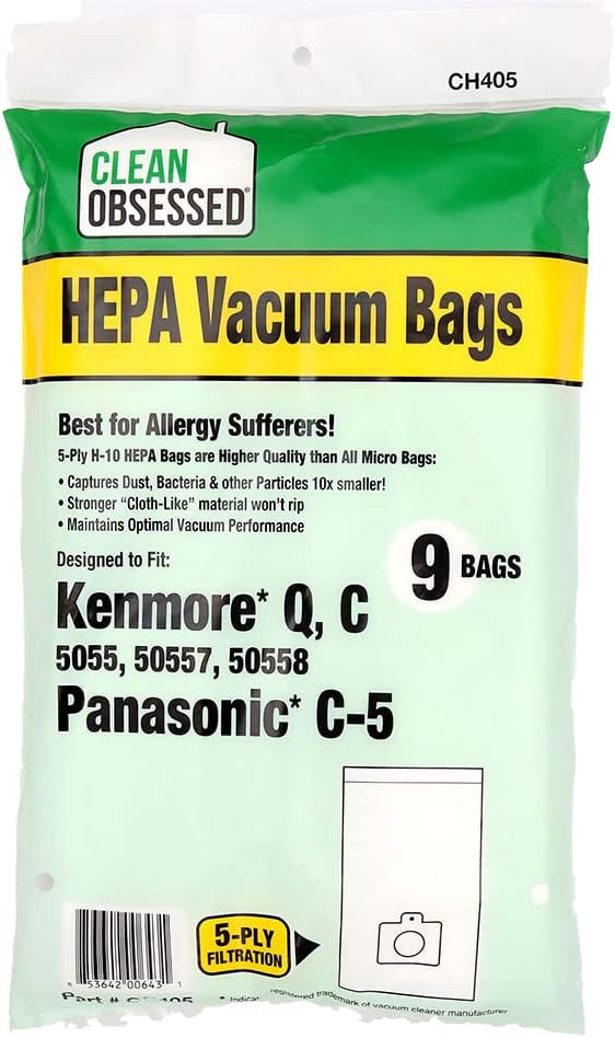 Clean Obsessed H-10 HEPA Bags Replacement For Kenmore Canister C/Q 50555, 50557, 50558 & Panasonic Type C-5 - (9 Bag Pack)