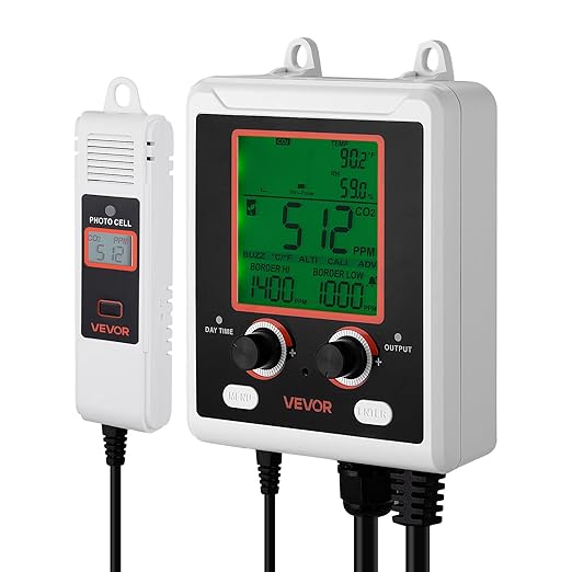 VEVOR Carbon Dioxide Monitoring Controller, Dual Outlets Carbon Dioxide Controller, CO2 Meter Monitor Day and Night Detection Feature, NDIR CO2 Sensor for Green House, Laboratories, Classrooms, Home