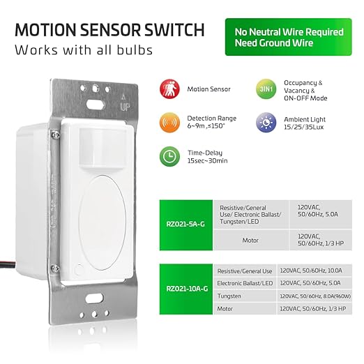 RAYZEEK PIR Motion Sensor Light Switch,Single-Pole Motion Activated Wall Switch, No Neutral Required,On/Off Override,PC Fireproof&UL Listed,2 Pack