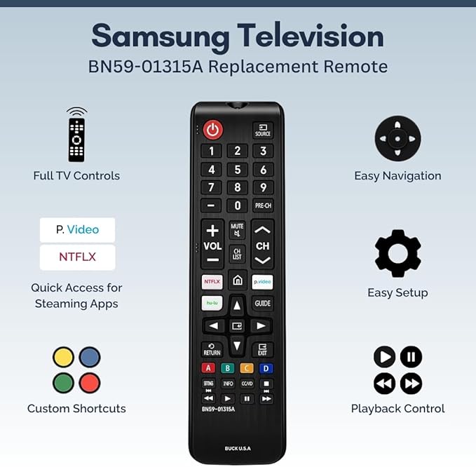 BN59-01315A Samsung TV Remote Control Replacement for Smart TV - Easy Setup, Durable Design, Universal Infrared Remote, Streaming Shortcuts - Works with Samsung Smart TV, LCD, LED, HDTV, 3D Models